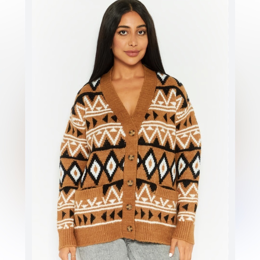 Black Tape Long Sleeve Geometric Aztec Knit Button Cardigan Sweater 1X Plus Cozy